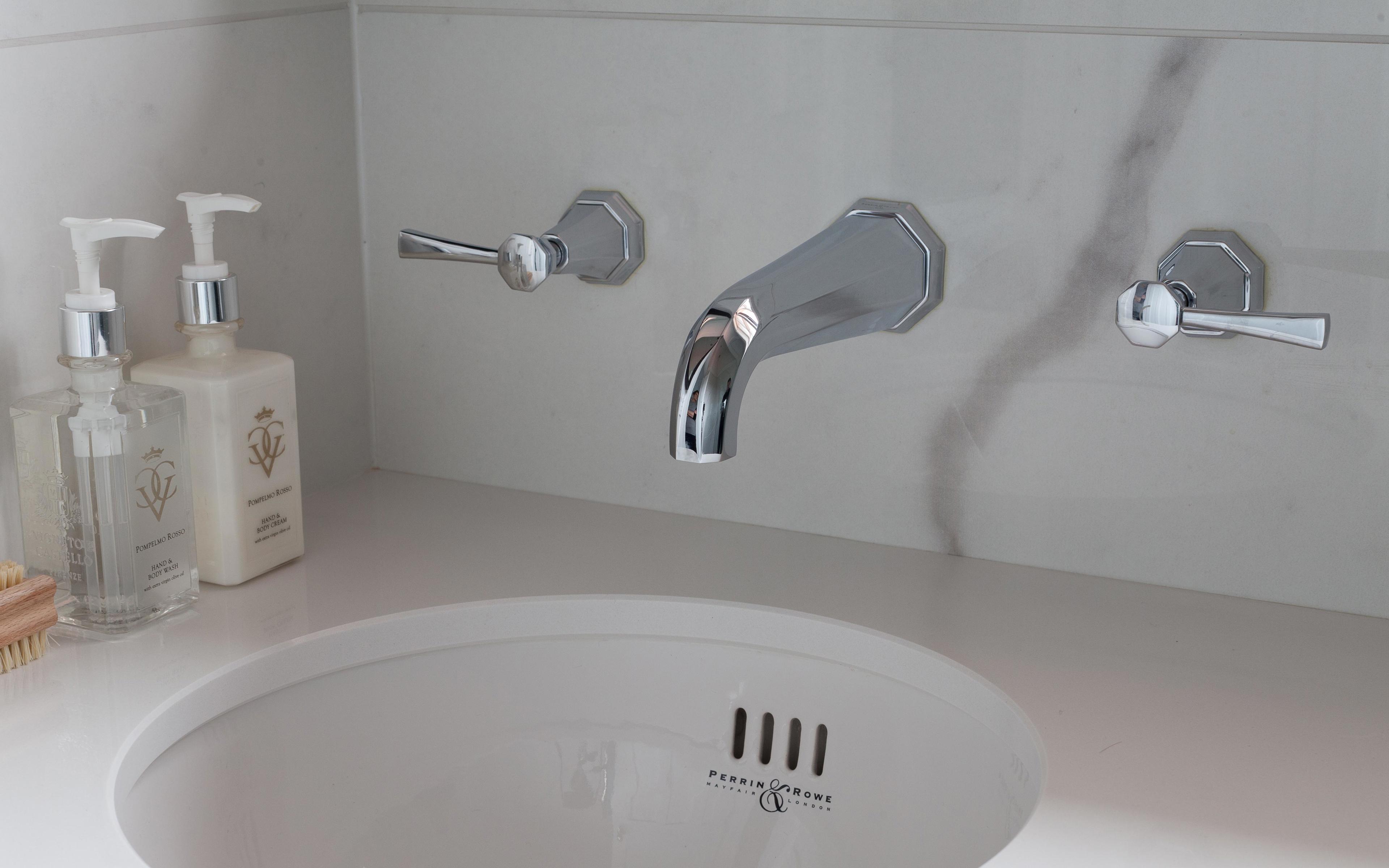 Deco Three-Hole Wall-Mounted Basin Mixer with Lever Handles - Chrome